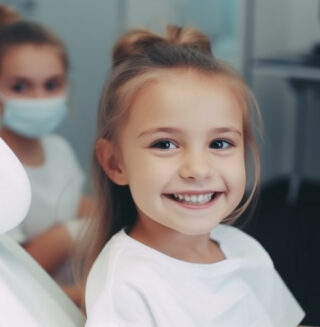 A little girl at the dentist office smiling.